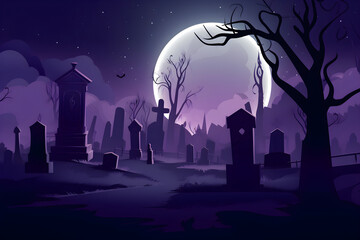 Graveyard in a Spooky Night, Purple Background: AI Generated Image