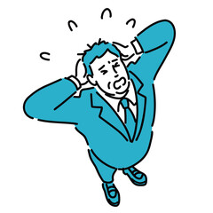 焦っているスーツを着た中年男性を斜め上から見たイラスト
