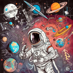 Space art, celestial objects with astronaut and planets. High quality illustration
