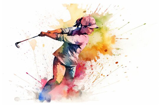 Female Pro Golfer Swinging Golf Club Rainbow Color Splash With White Copy Space Generative AI