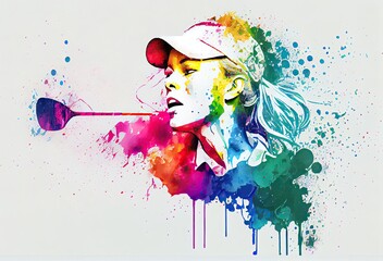 Female Professional Golfer Swinging Golf Club Rainbow Color Splash With White Copyspace Generative AI