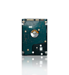 Close up back of hard disk drive 2.5 inch isolated on white background with reflection, clipping path included, computer parts concept.