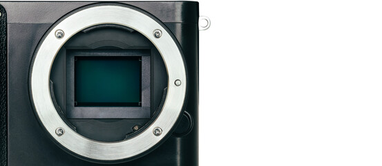 Close up macro of APS-C Sensor and lens mount on digital mirrorless camera for image recorder on...