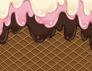 Ice cream strawberry vanilla chocolate with waffle cone