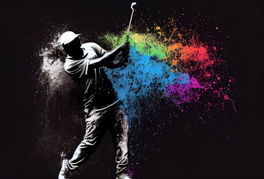 Pro Golfer Playing Golf Rainbow Color Background With Black Copyspace Generative AI - Powered by Adobe