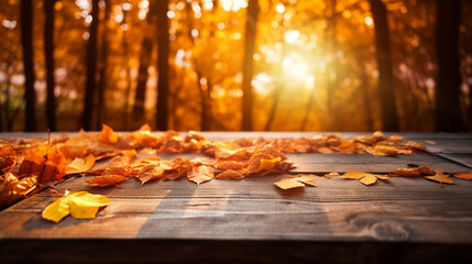 Naklejka na ściany i meble Autumn leaves on a table in the forest on a sunny day. Generated AI