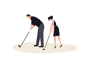 Retro Style Professional Golfing Couple Swinging Golf Club White Copy Space Generative AI