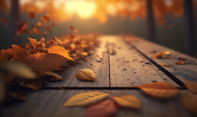 Naklejka premium Autumn leaves on a table in the forest on a sunny day. Generated AI