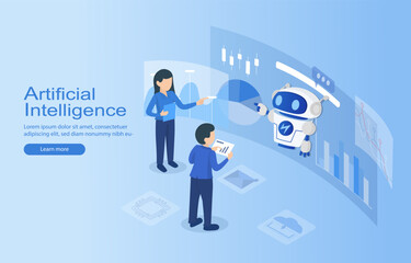 Human and robot working together to analyze data and generate reports on dashboard represents the concept of innovation. Focus on internet network, online communication, stocks information research.