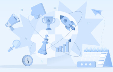Brainstorming business idea concept. Human head icon with trophy, chess, rocket, bar graph. Represent creativity, innovation, planning, and strategy for achieving success. Flat vector illustration.