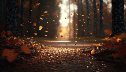 Falling autumn leaves in the forest with a road and trees in the background. Generated AI