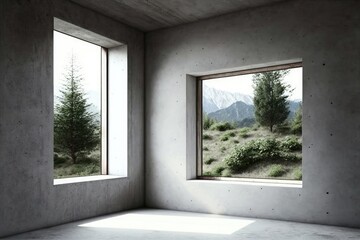Empty concrete room with window and mountain view