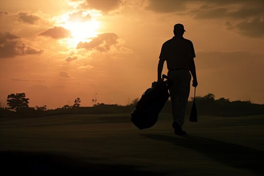 Male With Golf Bag Golfing With Orange Sunset Generative AI