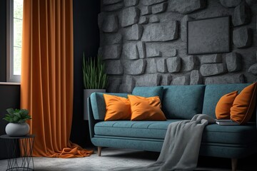 modern living room with a blue couch and orange accent pillows. Generative AI