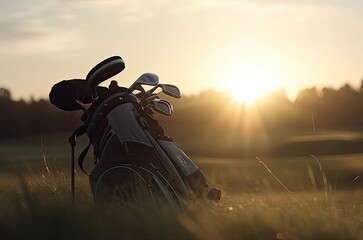 Fototapeta na wymiar Set Of Golf Clubs On Golf Course At Dawn Generative AI