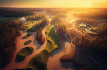 Golf Course Drone Shot At Sunrise Generative AI - obrazy, fototapety, plakaty