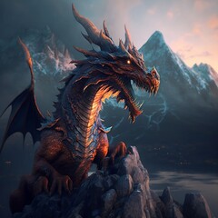 Creative Illustration and Innovative Art: Dragon sitting on a stone ledge.