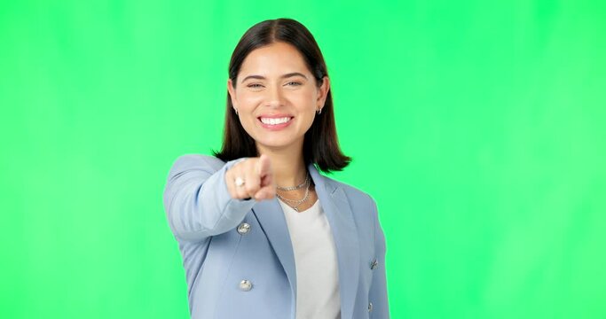 Business woman, face and point at you by green screen with smile for recruitment, choice and hiring opportunity. Businesswoman, pointing and mock up portrait for human resources by studio background