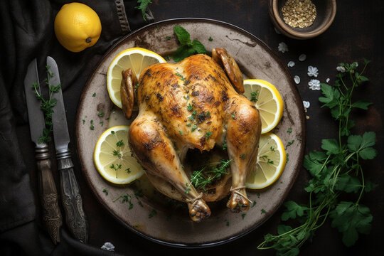 Homemade Lemon And Herb Rotisserie Chicken On A Plate  - Generative AI