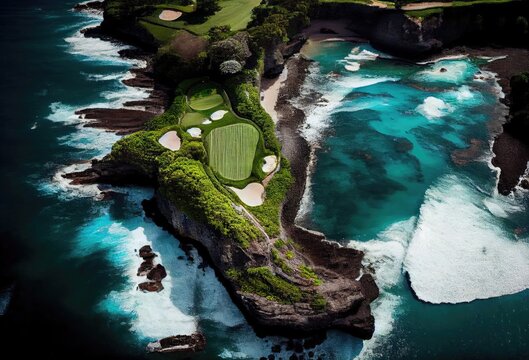 Exotic Island Golf Course Sky View Generative AI