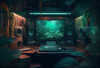 Music recording studio design interior with sound equipment in the style of green jungle forest eco.