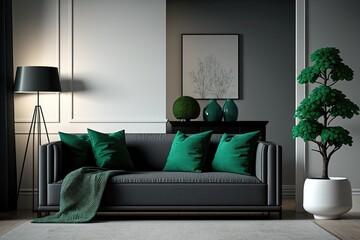 modern living room with a gray couch and green accent pillows. Generative AI