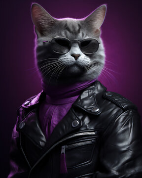 Fancy cat wearing glasses in a disco club. Digital fantasy. Generative AI technology.