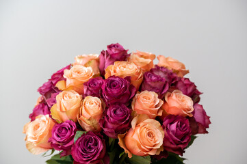 Peach and purple roses in an arrangement with no people