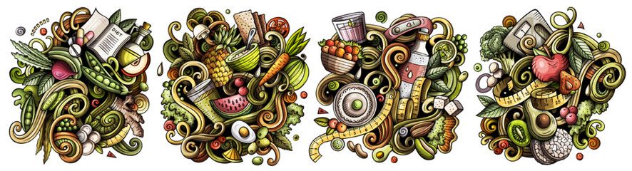 Diet food cartoon vector doodle designs set.