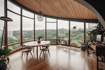 Luxury Modern Jungle Studio Apartment with Wood Sustainable Ceiling and Dining Area Made with Generative AI