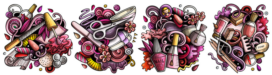 Nail salon cartoon vector doodle designs set.
