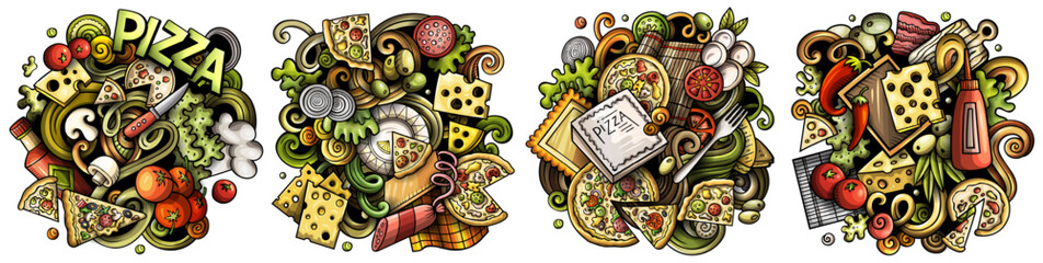 Pizza cartoon vector doodle designs set.