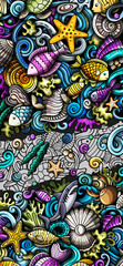 Sea life doodle banner. Cartoon detailed background