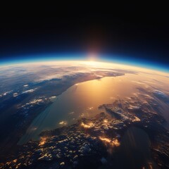 sunrise over the earth, The Earth's curvature. From space, an aerial picture of the blue world. Sunrise across the globe land and sea. generative ai