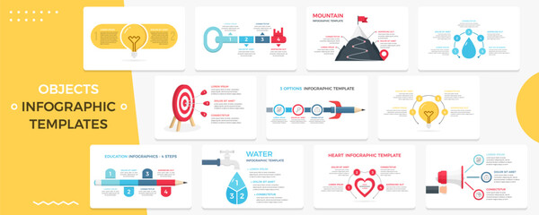 Set of infographic templates with different objects for web, business and presentations - target with arrows, heart, bulb, pencil, key to success, water, vector eps10 illustration