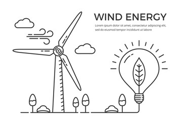Wind energy concept - wind turbine with lightbulb with leaf inside, line style, vector eps10 illustration