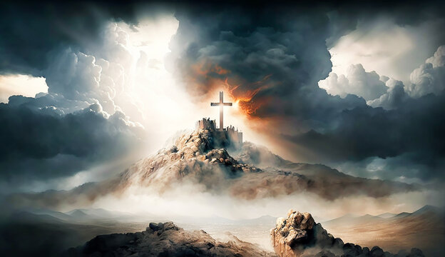 holy cross symbolizing the death and resurrection of Jesus Christ with The sky over Golgotha Hill is shrouded in light and clouds, AI generative