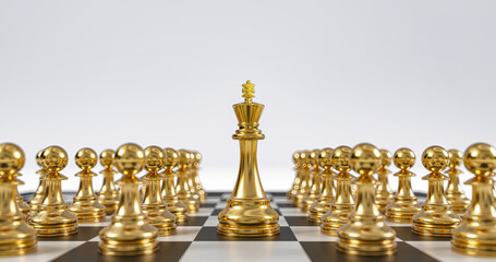 a golden chess set on a checkered board with a white background and a black and white checkered floor, 3 d render