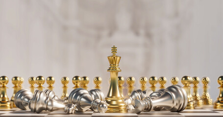 Fototapeta na wymiar a chess board with a golden and silver chess set, 3D render
