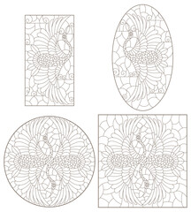 A set of contour illustrations in the style of stained glass with swans flying birds, animals isolated on a white background
