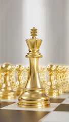 a golden chess set on a checkered board, 3d render - 590844704