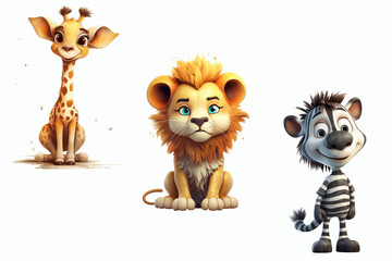 Safari Animal set zebra, lion, giraffe in 3d style. Isolated. Generative AI