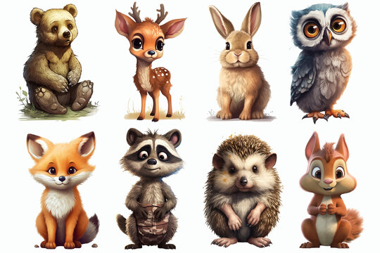 Safari Animal set hedgehog, fox, squirrel, deer, hare, owl, raccoon, bear in 3d style. Isolated. Generative AI