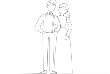romantic bride and groom on the bwedding day. Wedding one-line drawing