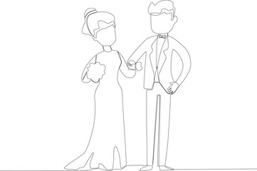 Bride and groom holding hands at their wedding. Wedding one-line drawing