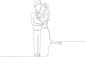 A bride kisses her partner at the wedding. Wedding one-line drawing