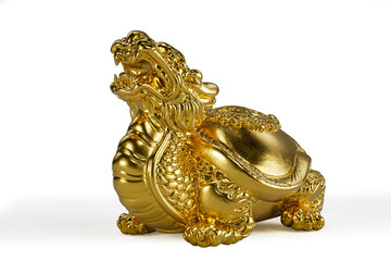 a gold statue of a turtle on a white background，finely detailed features. 3D illustration.