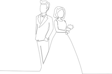 A couple of bridge and groom looked at the guests. Wedding one-line drawing