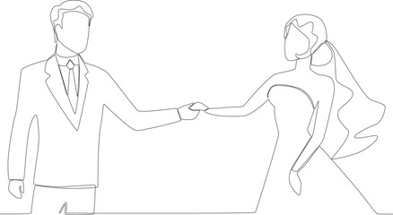 beautiful bride and groom holding hands at their wedding. Wedding one-line drawing