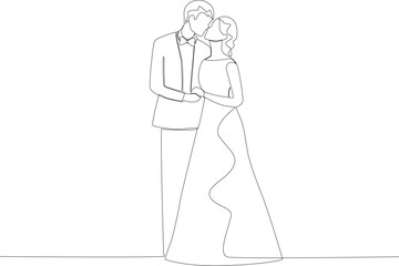 wedding couple celebrating their wedding by kissing. Wedding one-line drawing